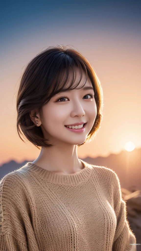 masterpiece, highest quality, official art, Highly detailed CG Unity 8K wallpaper, single girl, ultra high resolution, (realistic), golden hour lighting, sweater dress, (Upper body), (K-POP idol), (attractive), ((puffy eyes)), looking at the viewer, facing forward, smile, laughter,middle chest, shirt lift, gloves, short hair