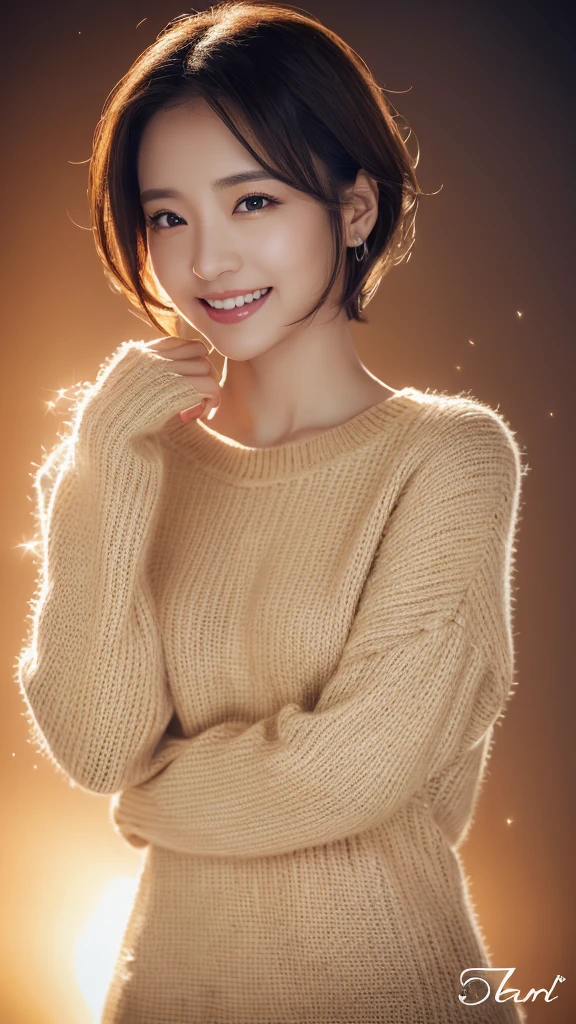 masterpiece, highest quality, official art, Highly detailed CG Unity 8K wallpaper, single girl, ultra high resolution, (realistic), golden hour lighting, sweater dress, (Upper body), (K-POP idol), (attractive), ((puffy eyes)), looking at the viewer, facing forward, smile, laughter,middle chest, shirt lift, gloves, short hair