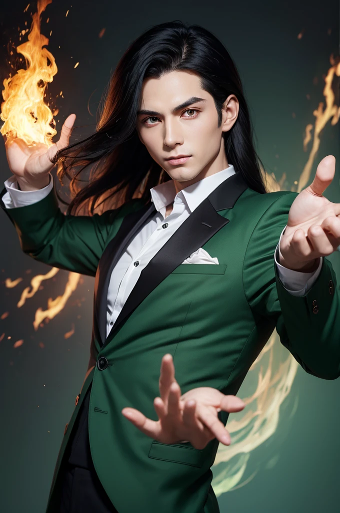 Boy shiryu long black hair outstretched hand Green eyes Business clothes Fire background