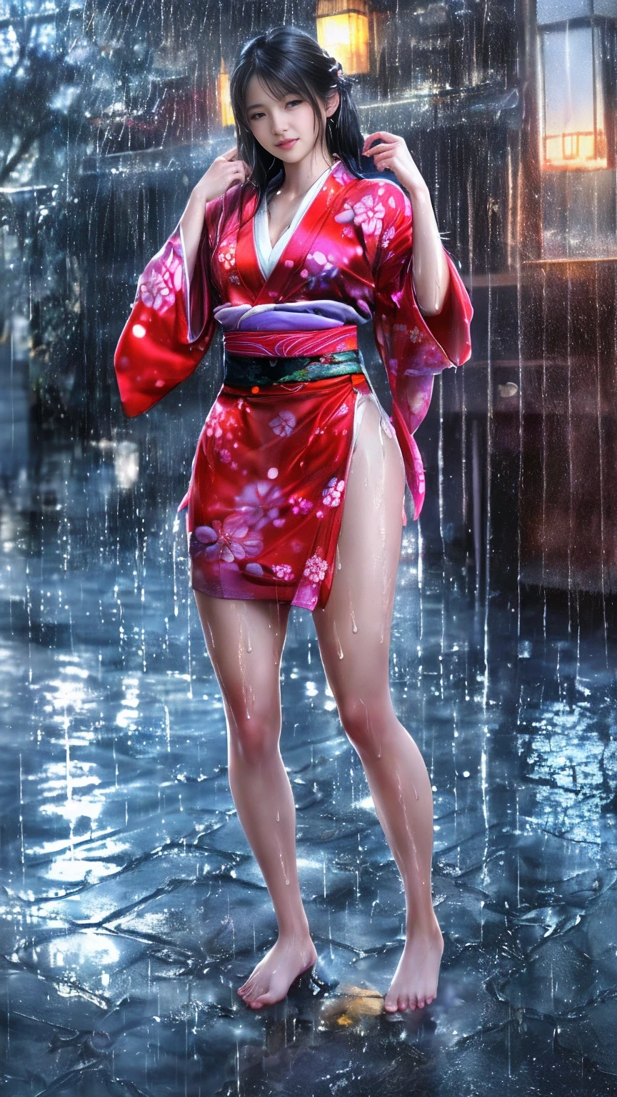 最high quality、high quality、Best image quality、、最High resolution、High resolution、最high quality、masterpiece、RAW Photos、whole body写真、Detailed and realistic human body、Detailed and realistic skin、Realistic face in every detail、Detailed and realistic eyes、Detailed and realistic lips、Detailed and realistic teeth、Detailed and realistic ears、Detailed and realistic hair、Realistic reproduction of every detail、((Beautiful Hands(thumb1、reference4))、Realistic feet down to the last detail、((Beautiful Japanese Girl))、(Japanese Model)、 Beautiful girl of years old))、(Black Hair)、(Random Hairstyles)、((whole body))、((Slim and perfect figure))、(Flat Chest、Small breasts)、(whole body光沢肌、Fair skin)、Mini length kimono、Hakama with slits、Japanese tradition、Japanese garden、Rain clouds spreading across the sky、Heavy rain weather、Pouring rain、Wind and rain storm、((Colorful floral pattern(See-through kimono dress))、((Pouring rainの中でリラックス(Poses to make your thighs look beautiful))、((Soaked skin from head to toe))、((Rain-soaked clothes(Rain dripping from clothes))、((The lines of her body are clearly visible through her wet kimono.))