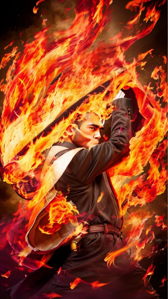 Realistic、photograph、8K、3d、Portrait、Japanese、Handsome man、photograph、Highest quality、Swirling, intense flames、very thick eyebrows、He glares at me with only his eyes on the camera.。
