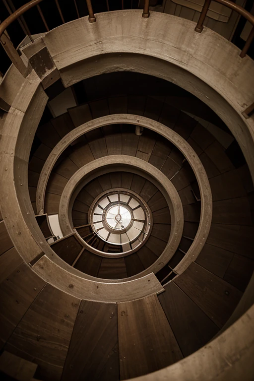 Spiral staircase, top-down view, brown tone, dark, image inside the lighthouse