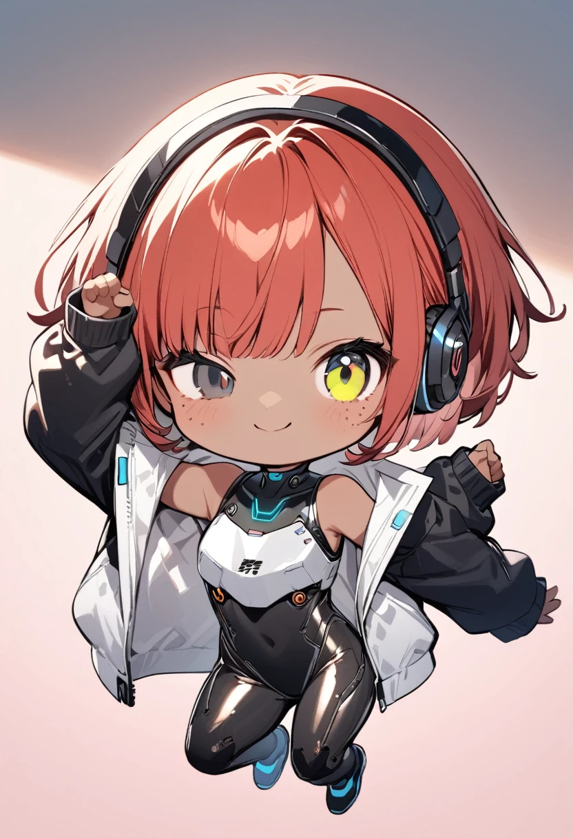 full body,1 girl, Android girl, cyberpunk, chibi emote, chibi character, jumping pose, (cute:1.3),red Hair, left eye yellow, right eye blue, tan skin, freckles｛White breastplate, Black futuristic headphones, Mechanical black glossy metallic Bodysuit, Bare shoulders, oversized jacket, Glossy, shiny material}, jumping pose