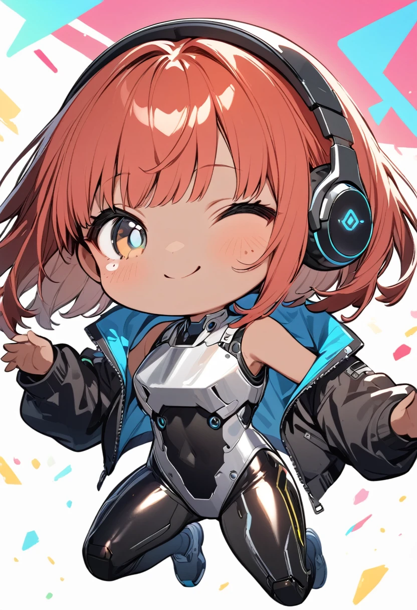 full body,1 girl, Android girl, cyberpunk, chibi emote, chibi character, jumping pose, (cute:1.3),red Hair, left eye yellow, right eye blue, tan skin, freckles｛White breastplate, Black futuristic headphones, Mechanical black glossy metallic Bodysuit, Bare shoulders, oversized jacket, Glossy, shiny material}, jumping pose