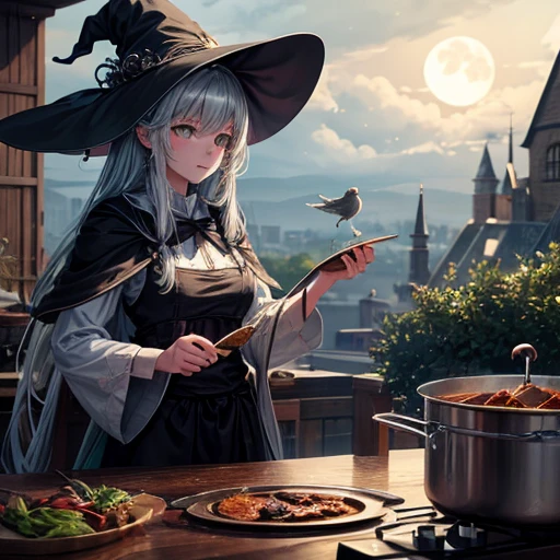 Highest quality, Very detailed, masterpiece, Super detailed, cloud, witch_Have, Have, One girl, null, green_null,Day, length_hair, cloudy_null, moon,bird, alone, Silver_hair, witch, Cooking stew in a pot outdoors