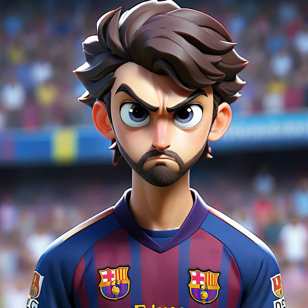 Very powerful male anime character, with a short beard, serious look, hair blue, dressed in the FC Barcelona uniform