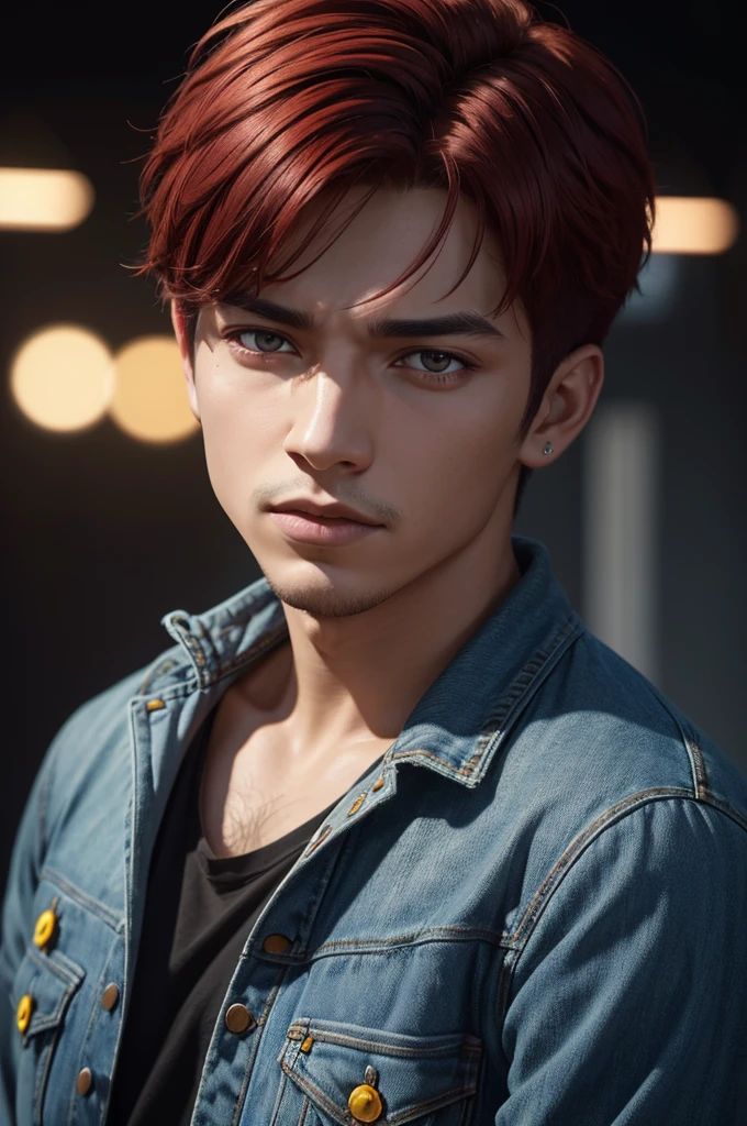 a young trans man with short, intensely red-dyed hair, onyx black eyes, wearing a denim jacket with sunflowers, a white shirt underneath, and blue jeans, Colombian facial features, serious expression, (best quality,4k,8k,highres,masterpiece:1.2),ultra-detailed,(realistic,photorealistic,photo-realistic:1.37),HDR,UHD,studio lighting,ultra-fine painting,sharp focus,physically-based rendering,extreme detail description,professional,vivid colors,bokeh,portrait