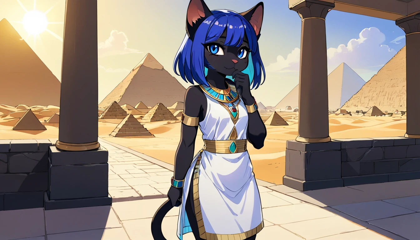 1girl,Artist Name,Egyptian cat,Blue Hair,skin,Keep your mouth shut,Wear,whole body,solo,Standing,猫Tail,Keep your mouth shut,Wear,Looking at the audience,Animal Crossing Furry, Blue Hair, Hair accessories, 黄skin, black eyes, White Dress, Tail, Egyptian Pyramids,mummy,Sunlight,sunny,(masterpiece), ((best quality), Detailed background, masterpiece, best quality, high quality, absurd, The award-winning, professional, Very detailed