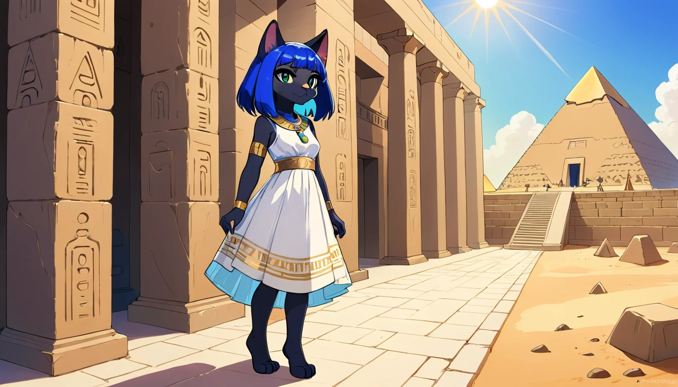 1girl,Artist Name,Egyptian cat,Blue Hair,skin,Keep your mouth shut,Wear,whole body,solo,Standing,猫Tail,Keep your mouth shut,Wear,Looking at the audience,Animal Crossing Furry, Blue Hair, Hair accessories, 黄skin, black eyes, White Dress, Tail, Egyptian Pyramids,mummy,Sunlight,sunny,(masterpiece), ((best quality), Detailed background, masterpiece, best quality, high quality, absurd, The award-winning, professional, Very detailed