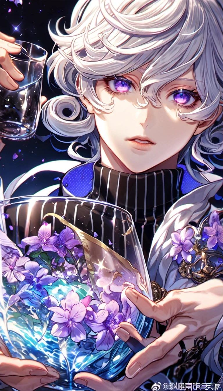 absurdres, highres, ultra detailed, HDR, master piece, best quality, extremely detailed, Hotsuin Yamato, silver hair, messy straight hair, hair over the right eye, expressive purple eyes, Devil Survivor, solo, sexy man, handsome, black heavy trench coat, white gloves, magical, fantasy, glittering, sparkling, glass, purple flowers, purple petals, water, purple moon