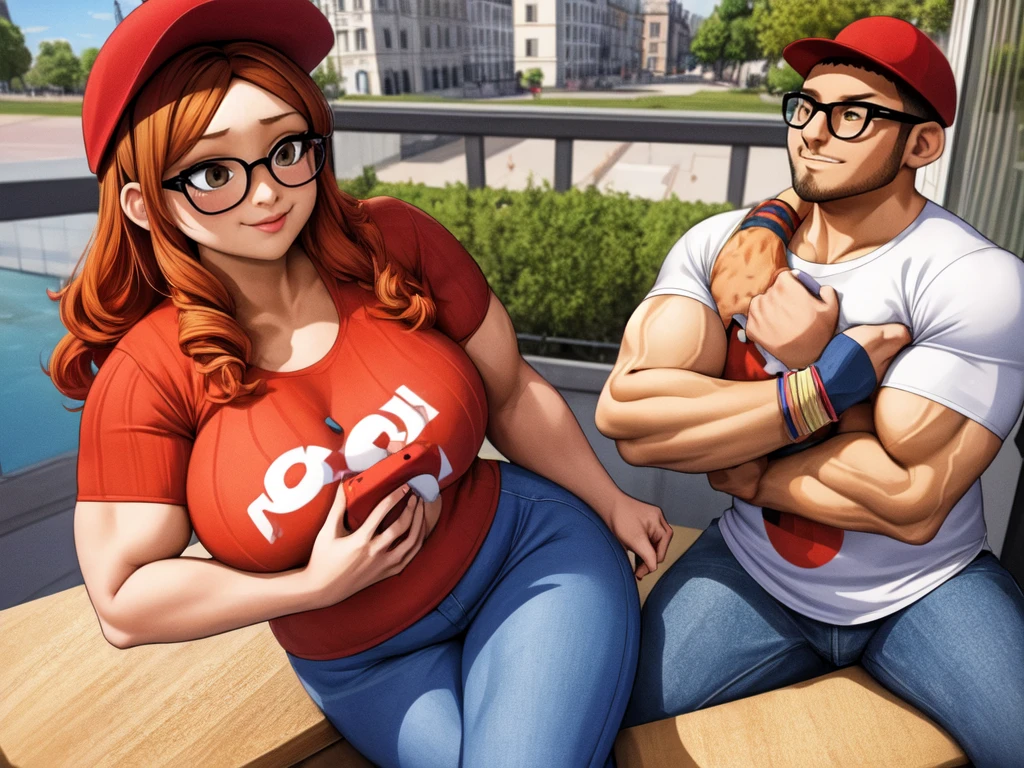 (masterpiece, best quality:1.2), a very muscular and athletic couple , boy Nino Lahiffe: Brown skin, dark hair, wearing a red cap, glasses, and casual clothing like a T-shirt and jeans, and a girl Alya Césaire: Brown skin, curly dark brown hair, often wears glasses, and typically seen in stylish, casual outfits. A casual day out with both characters in their everyday attire,Sharing a tender moment, like sitting on a rooftop overlooking Paris..(girl and boy:1), smiling, ((high resolution illustration)), ((extremely detailed)) Alya and Nino, muscular detailed bodies, powerful and dynamic poses, intimate embrace, romantic lovers, expressive faces with beautiful eyes, lips and skin, dramatic lighting, cinematic composition, epic fantasy landscape background, warm color tones, dramatic lighting, (best quality,4k,8k,highres,masterpiece:1.2),ultra-detailed,(realistic,photorealistic,photo-realistic:1.37),dramatic lighting,dramatic cinematic composition,fantasy landscape