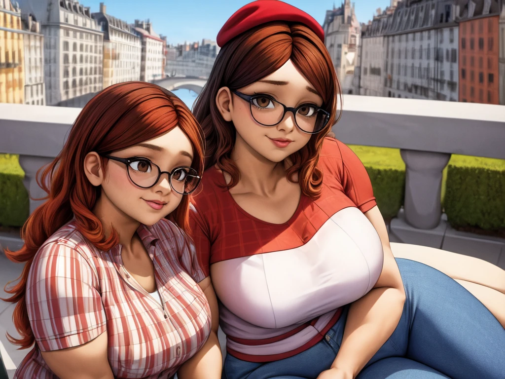 (masterpiece, best quality:1.2), A couple , boy Nino Lahiffe: Brown skin, dark hair, usually seen wearing a red cap, glasses, and casual clothing like a T-shirt and jeans, and a girl Alya Césaire: Brown skin, curly dark brown hair, often wears glasses, and typically seen in stylish, casual outfits. A casual day out with both characters in their everyday attire,Sharing a tender moment, like sitting on a rooftop overlooking Paris..(girl and boy:1), smiling, ((high resolution illustration)), ((extremely detailed)), (couple), Alya, Nino, Nino X Alya, (best quality,4k,8k,highres,masterpiece:1.2), ultra-detailed, realistic:1.37, HDR, studio lighting, extreme detail description, nino wearing a red cap, professional, vibrant colors, bokeh, ((muscular female bodybuilder)), detailed lips, strong embrace, romantic scene, intimate moment, intense passion, athletic bodies, fitness couple, gym.