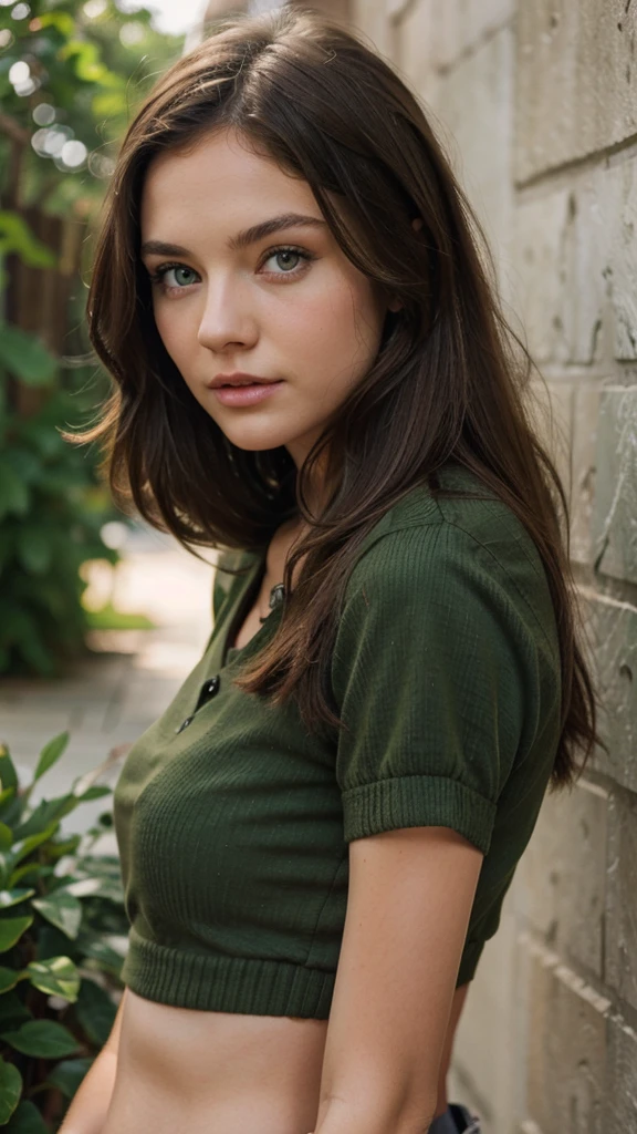 brunette girl, green eyes