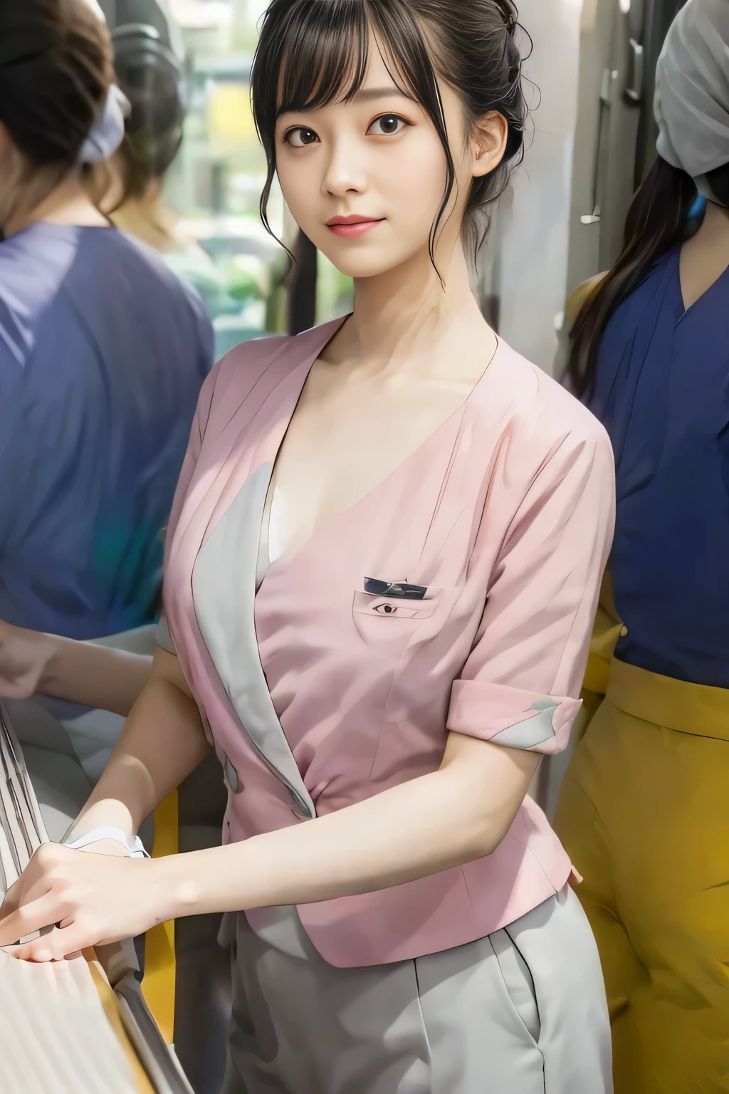 (masterpiece:1.2, Highest quality:1.2), 32k HDR, High resolution, (alone、1 girl)、 (Height: 160cm)、(On the rooftop of a building in the daytime、Professional Lighting)、Building rooftop background、(Nankai train crew uniform pinkを着たリアルスタイル)、(Nankai train crew uniform pink short sleeve collarless pink jacket、Nankai Train Crew Uniform Pink Collarless Short Sleeve Blouse、Nankai Train Crew Uniform Pink Grey Knee-length Culottes)、(The pink jacket is showing from the culottes.)、Dark brown hair、(Hair tied up、Hair tied up、Evening curly hairstyle)、Dark brown hair、Long Shot、Big Breasts、Thin legs、((Great hands:2.0)),((Harmonious body proportions:1.5)),((Normal limbs:2.0)),((Normal finger:2.0)),((Delicate eyes:2.0)),((Normal eyes:2.0)))、smile、(Nankai Train Crew Uniform Pink Grey Knee-length Culottesを見せた美しい歩く姿)、Big Breastsを見せる、Showing her breasts through her jacket、Place your hands around your stomach