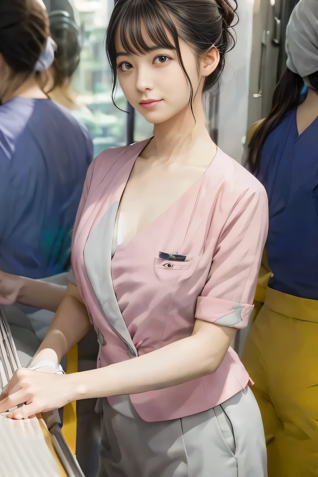 (masterpiece:1.2, Highest quality:1.2), 32k HDR, High resolution, (alone、1 girl)、 (Height: 160cm)、(On the rooftop of a building in the daytime、Professional Lighting)、Building rooftop background、(Nankai train crew uniform pinkを着たリアルスタイル)、(Nankai train crew uniform pink short sleeve collarless pink jacket、Nankai Train Crew Uniform Pink Collarless Short Sleeve Blouse、Nankai Train Crew Uniform Pink Grey Knee-length Culottes)、(The pink jacket is showing from the culottes.)、Dark brown hair、(Hair tied up、Hair tied up、Evening curly hairstyle)、Dark brown hair、Long Shot、Big Breasts、Thin legs、((Great hands:2.0)),((Harmonious body proportions:1.5)),((Normal limbs:2.0)),((Normal finger:2.0)),((Delicate eyes:2.0)),((Normal eyes:2.0)))、smile、(Nankai Train Crew Uniform Pink Grey Knee-length Culottesを見せた美しい歩く姿)、Big Breastsを見せる、Showing her breasts through her jacket、Place your hands around your stomach