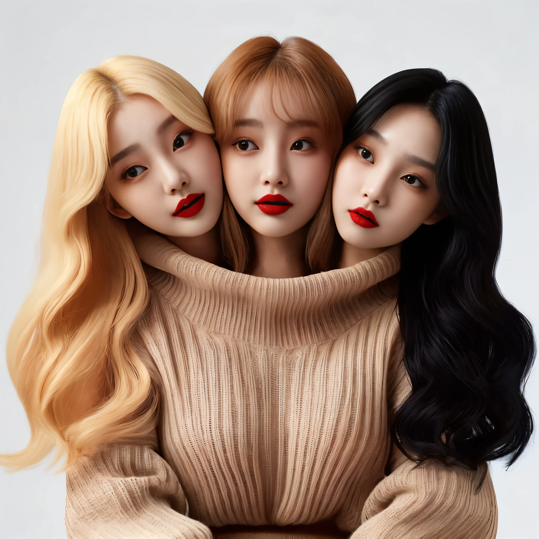 Best resolution, 2heads, young korean woman with three heads, red lipstick sweater turtleneck, different faces
