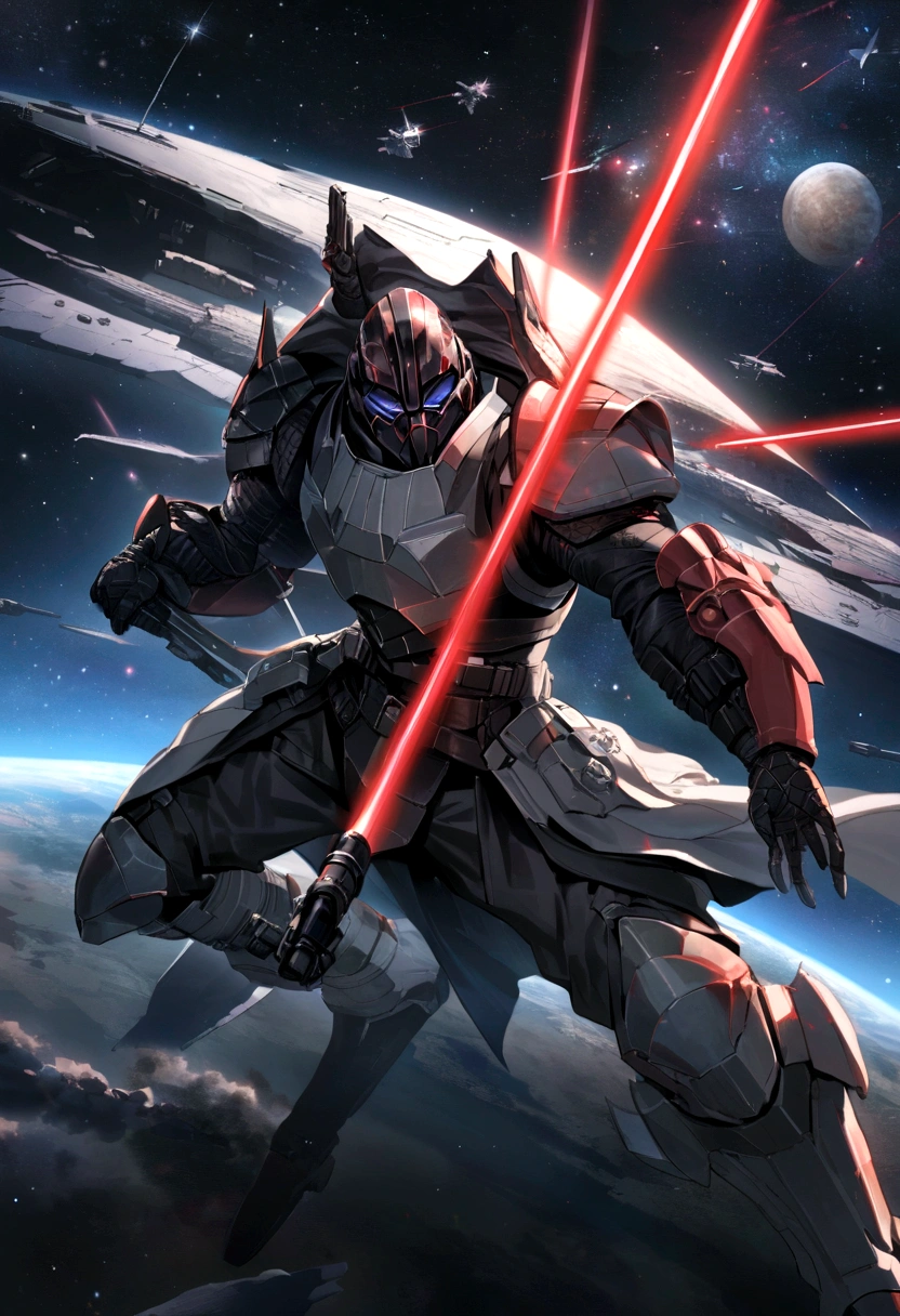 In a galaxy far, far away,A planet shining brightly,Huge interstellar battleships shuttle through,Laser sword flashing,Jedi Knights and Sith Knights fighting fiercely,Stormtroopers in strange armor line up neatly,A spectacular space battle is taking place,The mysterious and powerful Force surges in the universe。