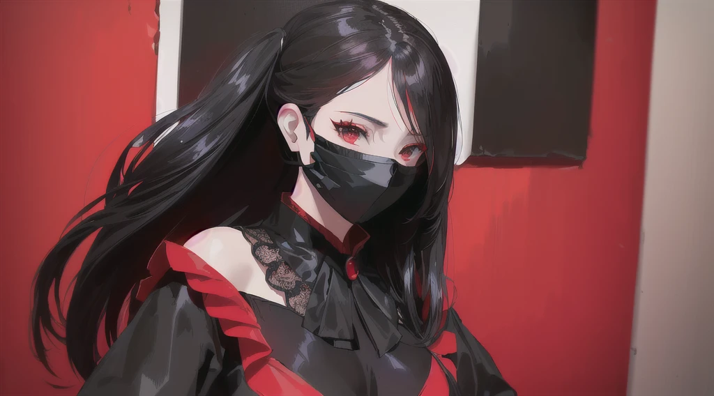 arafed woman in a black and red outfit with a black mask, iu lee ji-eun as a super villain, anime girl cosplay, trending on cgstation, anime girl in real life, wearing all black mempo mask, anime cosplay, cruel korean goth girl, trending at cgstation, range murata and artgerm, stunning anime face portrait