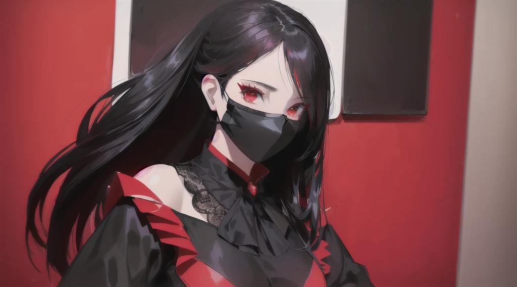 arafed woman in a black and red outfit with a black mask, iu lee ji-eun as a super villain, anime girl cosplay, trending on cgstation, anime girl in real life, wearing all black mempo mask, anime cosplay, cruel korean goth girl, trending at cgstation, range murata and artgerm, stunning anime face portrait