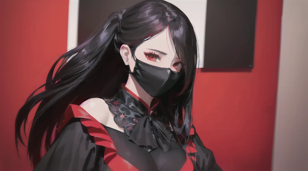 arafed woman in a black and red outfit with a black mask, iu lee ji-eun as a super villain, anime girl cosplay, trending on cgstation, anime girl in real life, wearing all black mempo mask, anime cosplay, cruel korean goth girl, trending at cgstation, range murata and artgerm, stunning anime face portrait
