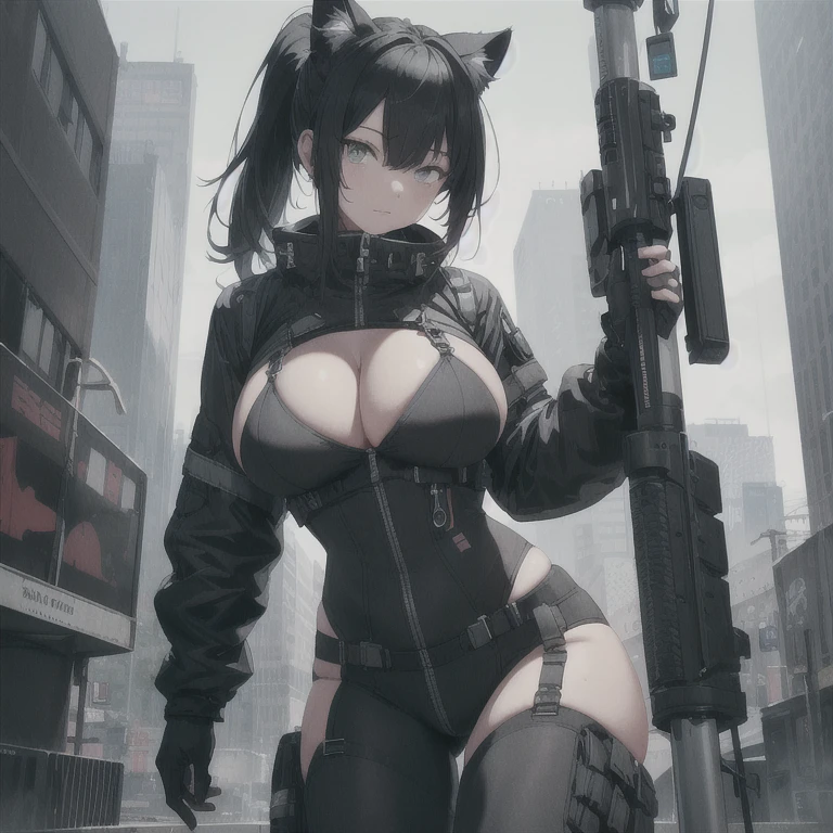 Absurd resolution, high resolution, (masterpiece: 1.4), hyper-detail, full body shot, full frontal camera perspective, solo, shorter, 1 kemono feline cat woman, no skin other than neck and head shown, bodysuit, black hair, messy ponytail, cute face, detailed soft grey luminous eyes, huge massive hyper super swollen heavy breasts, breasts so big that cover her whole torso and are bigger than her head while being so big they reach her belly button, extremely super large swollen perky heavy bust, super huge enormously gigantic tits, gigantic breasts stretching/straining out of her outfit looking like they are about to burst out, breasts compressed squishing barely contained in outfit, inflated breasts, breasts_expansion, super gigantic swollen heavy tits, wide full hips, narrower torso and shoulders, smaller torso, narrower waist, full thicc big soft thighs, thicc thighs, big rounded full soft butt, thicc butt, ruggedized utility styled outfit, fully insulated suit, full body outfit coverage with no skin showing or revealed, airtight/watertight zippers and seals, scifi monochrome black and grey fullbody covering protective padding rugged loose-fitted pilot utility suit with strategically placed protective padding, white zipped utility cropped top for breasts support with a black strap horizontal across cleavage worn on top of suit, tactical strategic angular-patterned protective padding on hips and thighs and abdomen, practical/functional clothing, weather-proof durable clothing material, nylon clothing material, custom made clothing to fit and support large breasts, scifi padded rugged rigid high collar techwear jacket, armored high collar, white and black triangular decals and techwear iconography on apparel and clothing, techwear gloves, arm mounted strapped display scifi tablet/communication device/computer, ruggedized tech, ruggedized tech aesthetic, fitted utility pants, utility chaps, near future scifi, cyberpunk aesthetic, anime aesthetic, tactical aesthetic