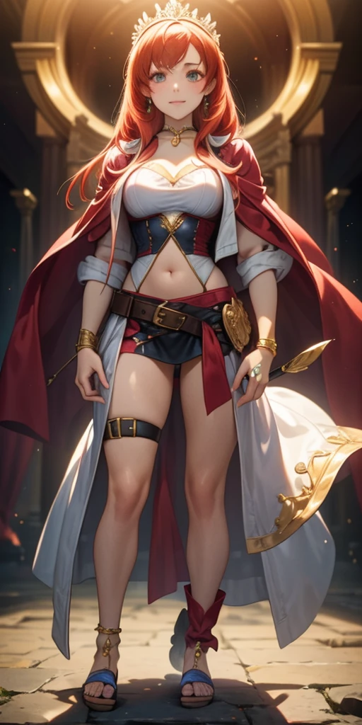 female pale skin full body whole body 1sologirl standing loincloth warrior proud expression, hands on the hips, standing loincloth, hands on the hips, metal sandals, leather choker with golden bell navel, leather corset, big belt, View from below, Feet together, Bracers, tiara