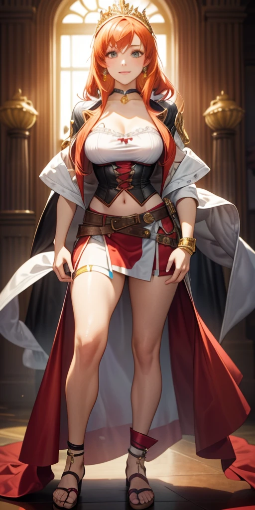 female pale skin full body whole body 1sologirl standing loincloth warrior proud expression, hands on the hips, standing loincloth, hands on the hips, metal sandals, leather choker with golden bell navel, leather corset, big belt, View from below, Feet together, Bracers, tiara