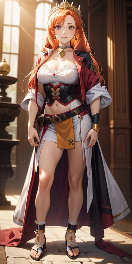 female pale skin full body whole body 1sologirl standing loincloth warrior proud expression, hands on the hips, standing loincloth, hands on the hips, metal sandals, leather choker with golden bell navel, leather corset, big belt, View from below, Feet together, Bracers, tiara