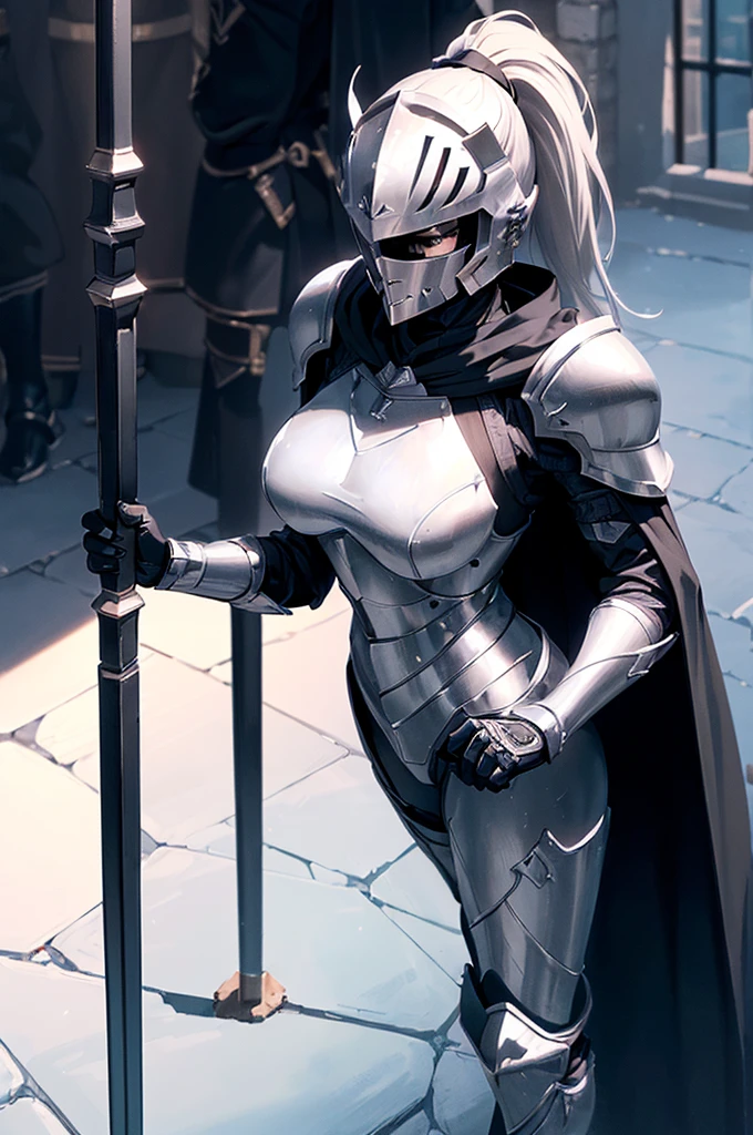 (masterpiece; best quality: 1.2), ((full armored knight woman)), ((solo)), (black eyes: 1.4), (body; toned, strong, femenine: 1.3), (beautiful and clear background: 1.2), ((depth of field)), (equipment: full plate full-black realistic armor + closed helmet with ponytail + black cape: 1.3), (anime illustration: 1.2), (background composition; garden exterior + furniture: 1.1), (extremely fine and beautiful: 1.1), (shot composition; standing + centered on torso + close-up: 1.5)
