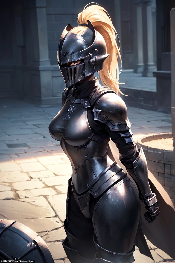(masterpiece; best quality: 1.2), ((full armored knight woman)), ((solo)), (black eyes: 1.4), (body; toned, strong, femenine: 1.3), (beautiful and clear background: 1.2), ((depth of field)), (equipment: full plate full-black realistic armor + closed helmet with ponytail + black cape: 1.3), (anime illustration: 1.2), (background composition; garden exterior + furniture: 1.1), (extremely fine and beautiful: 1.1), (shot composition; standing + centered on torso + close-up: 1.5)