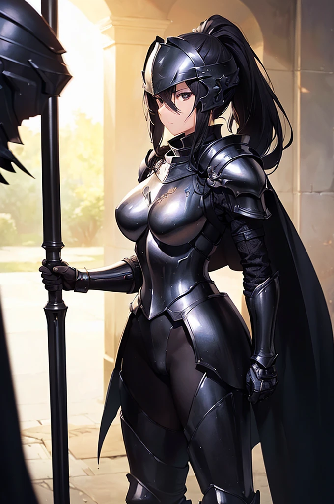 (masterpiece; best quality: 1.2), ((full armored knight woman)), ((solo)), (black eyes: 1.4), (body; toned, strong, femenine: 1.3), (beautiful and clear background: 1.2), ((depth of field)), (equipment: full plate full-black realistic armor + closed helmet with ponytail + black cape: 1.3), (anime illustration: 1.2), (background composition; garden exterior + furniture: 1.1), (extremely fine and beautiful: 1.1), (shot composition; standing + centered on torso + close-up: 1.5)