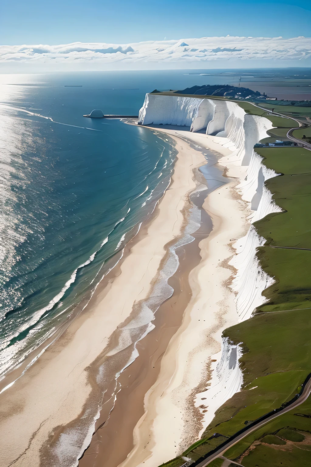 a sea and the continent in the background looking like the white cliffs of Dover
