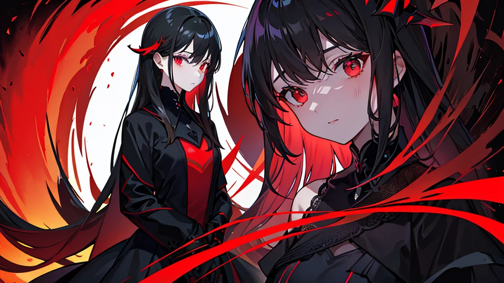 Demon girl with red skin, black horns, completely black eyes, straight black hair, muscular, purple eyes, demon tail, Red skin , black eyes, purple eyes, hero costume 