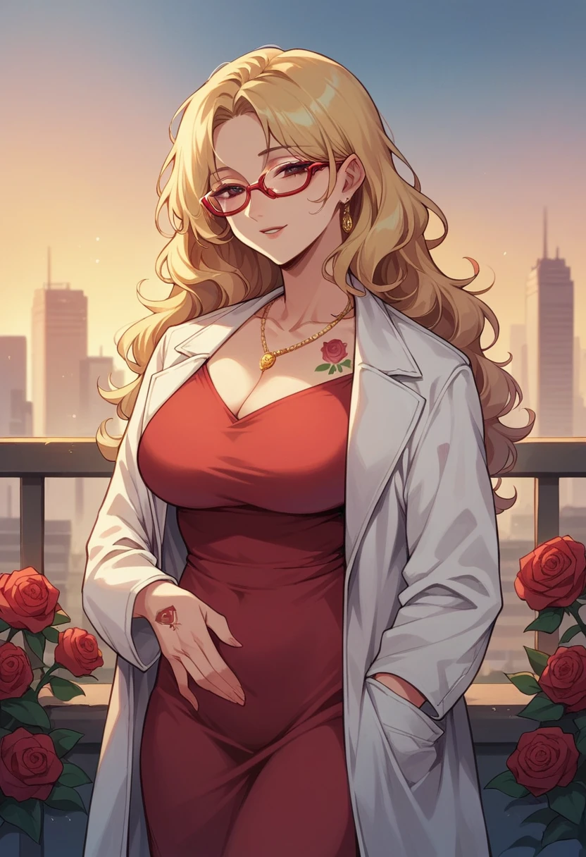 wavy blonde hair woman, milf red dress, golden necklaces, white jacket, red glasses, city, morning, roses tattoo