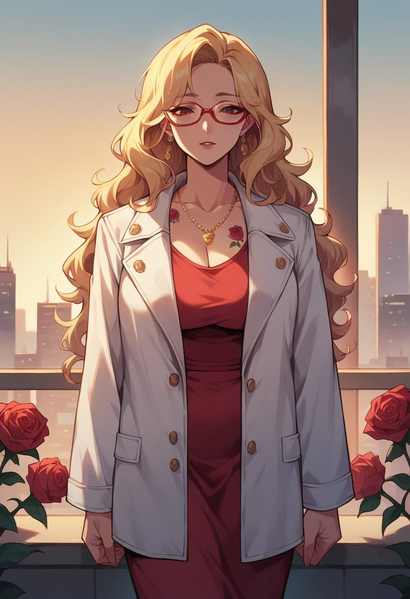 wavy blonde hair woman, milf red dress, golden necklaces, white jacket, red glasses, city, morning, roses tattoo