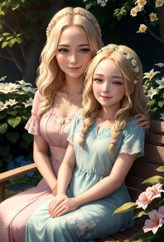 Lily's beautiful mother, Anna, joins her on the bench. Anna, who appears older with gentle wrinkles around her warm green eyes and a serene expression, has long, wavy blond hair and wears a pink dress with a floral pattern. She looks lovingly at Lily, who has long blond hair, sparkling blue eyes, and wears a light blue dress adorned with small flowers. The bond between them is evident as they share a moment of quiet joy. The sun shines brightly, and the garden is in full bloom. (good quality:1.2), (Ultradetailed:1.2), (ultradetailed face:1.2), (ultradetailed body:1.2)