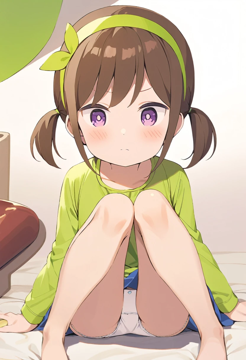 futaba,1girl,solo, brown hair, hairband, purple eyes, blush,looking at viewer, closed mouth, bangs, dress, green hairband,dress,twintails, white background, sitting, knees up, (white panties:2)