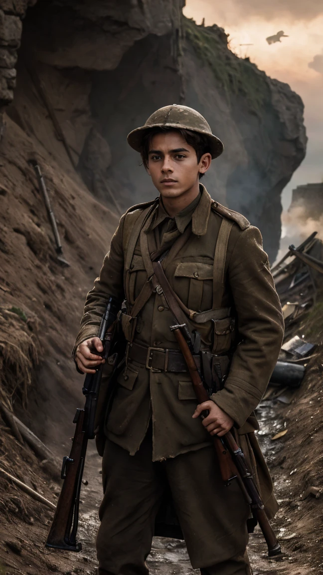 (masterpiece), best quality, expressive eyes, perfect face, cliffs, man, trenches, dirty, uniform, realistic, HD, holding Rifle, Enfield rifle, Somme, trench warfare, bayonet, dusk, explosion, bombarded, Harry Styles, stock rifle