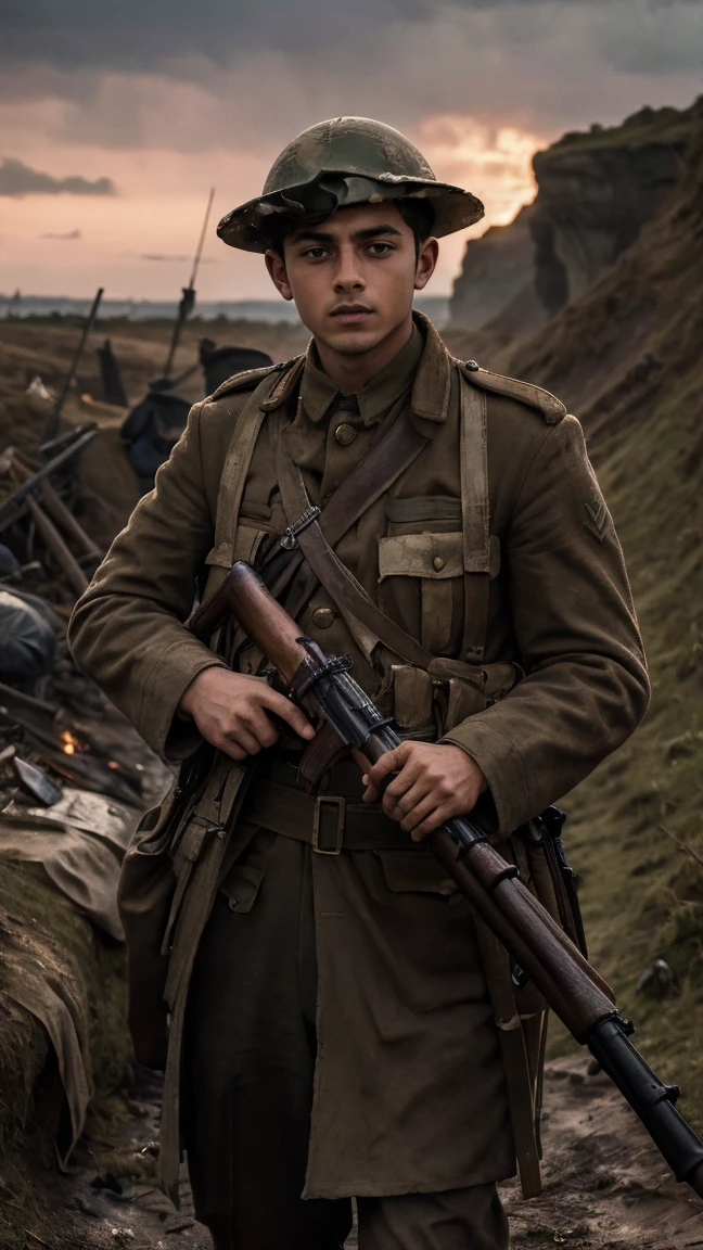 (masterpiece), best quality, expressive eyes, perfect face, cliffs, man, trenches, dirty, uniform, realistic, HD, holding Rifle, Enfield rifle, Somme, trench warfare, bayonet, dusk, explosion, bombarded, Harry Styles, stock rifle