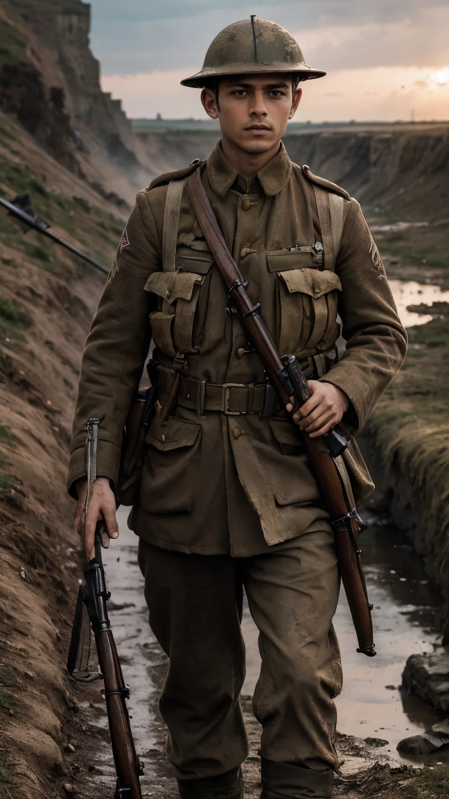 (masterpiece), best quality, expressive eyes, perfect face, cliffs, man, trenches, dirty, uniform, realistic, HD, holding Rifle, Enfield rifle, Somme, trench warfare, bayonet, dusk, explosion, bombarded, Harry Styles, stock rifle