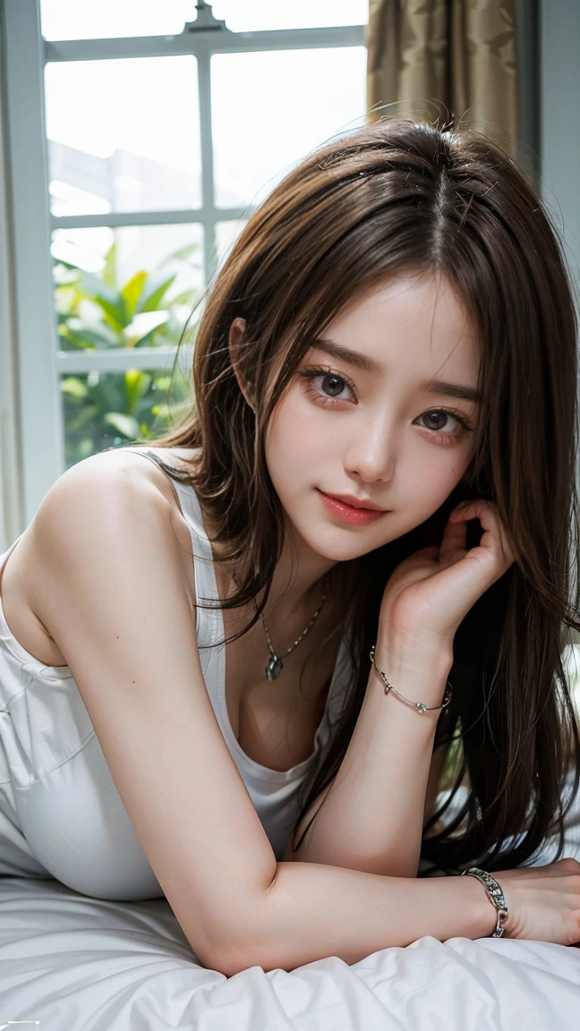 (Masterpiece, BestQuality:1.3), (ultra detailed:1.2), (hyperrealistic:1.3), (RAW photo:1.2),High detail RAW color photo, professional photograph, (Photorealistic:1.4), (realistic:1.4), ,professional lighting, (japanese), beautiful face, (realistic face), cute woman, (Brown Hair, Big :1.5), (cheerful Smile:1.5), Trending Hair&Trending Hairカラーをランダムに, earrings, necklace, bracelet, sexly,  sexly, Random  gravure poses, (White tank top and shorts、On the bed、relaxed smile、Lying down:1.3)