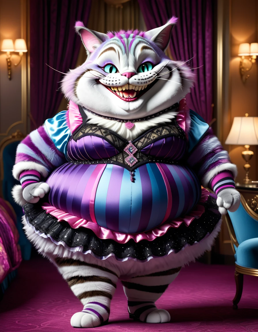 photorealistic portrait of Dressed animals-a ((fat))  ((Cheshire cat)) dancer,(furry), (elegant pose:1.5), (hands on hips:1.5),(happy smile:1.5),high quality,(happy),(lovely) ,intricate details, Wearing bustier, (), highly detailed ((bustier)) ,highly detailed decorations of clothes, Fishnet panty horse , (happy), soft lighting,(full body image:2.0),luxury hotel room background,(high heels),(looking at viewer:1.5)