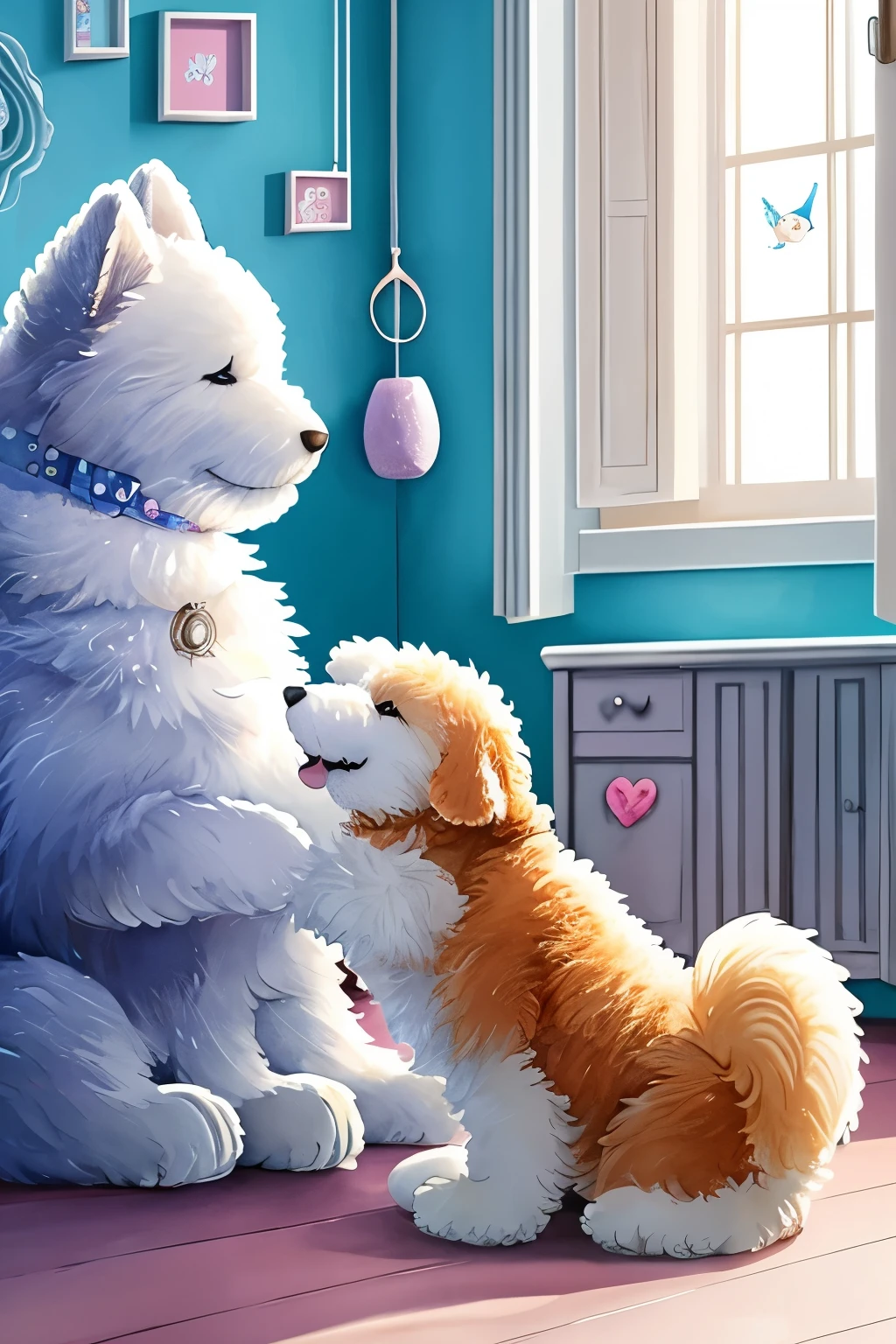 best quality, 2.5D, fluffy large dog and human baby playing together, soft sparkling effects, room in the house, large windows, cute illustration style, fusion of watercolors and oil paintings, vivid and pastel colors