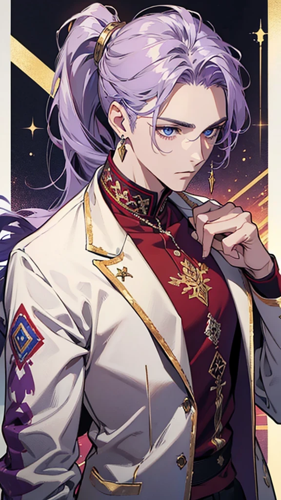 Adult male, purple hair, blue eyes, ponytail, red and gold mosaic shirt, silver earrings, front view, upper body