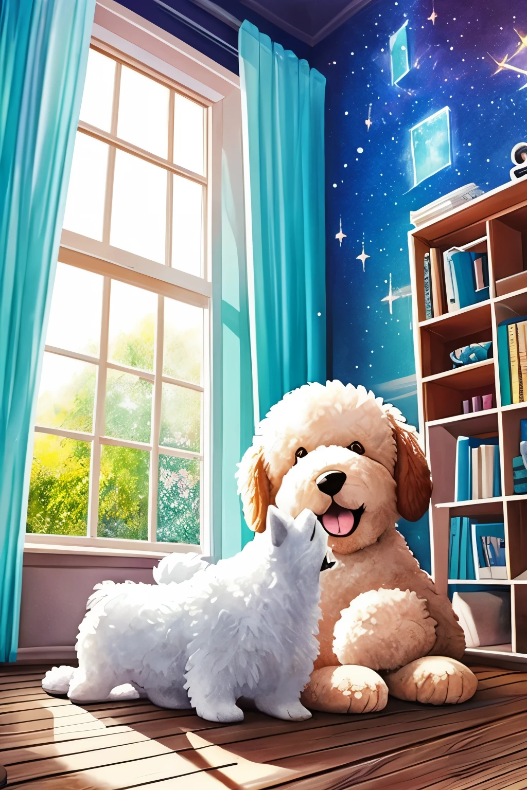best quality, 2.5D, fluffy large dog and human baby playing together, soft sparkling effects, room in the house, large windows, cute illustration style, fusion of watercolors and oil paintings, vivid and pastel colors