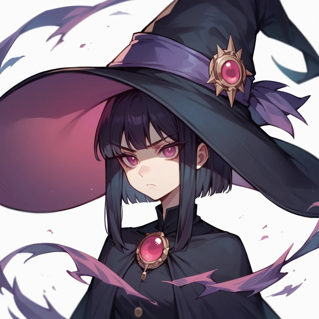 1girl, teenager, light skin, long black hair with magenta tones, magenta eyes, black witch clothing, witch hat, serious expression, anime style, digital art, white background