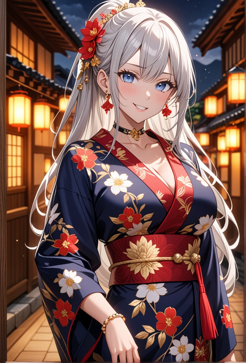 ((One personの女性)), Beautiful Face, (Laughing embarrassedly), ((smirk:1.2)), ((Wink:1.6)), (head tilt:1.3), upper teeth, looking at viewer, ((full-face brash:1.5)),  ((Big Breasts:1.3)), night,Countryside landscape,  Glossy Red Lips, (Shining Face),  ((Black long sleeve kimono:1.8)), ((Anime style background)),masterpiece, Highest quality, so beautiful,up to date, Complex details, (Pink long nails), (nail art), (ring),(bracelet),(Floral choker), AI-generated, Complex,High resolution, Highest quality, super high quality,3D Images、3D Images,One person,Long white hair,High Ponytail, Anime woman posing for a photo, ((silver eyes:1.4)), ((Fine grain、blue eyes、Shining Eyes:1.3)), (Squint your eyes:1.1),a hyperRealistic , hyperRealistic , Realistic,Anime woman with long white hair, Smooth anime CG art, (A woman in a colorful kimono with gold embroidery),(Red floral pattern),Long flower hair ornament,Earrings,Mature Body,Abdominal muscles,Tight waist, ((Zoom in on face:1.8)), (front view:1.3),