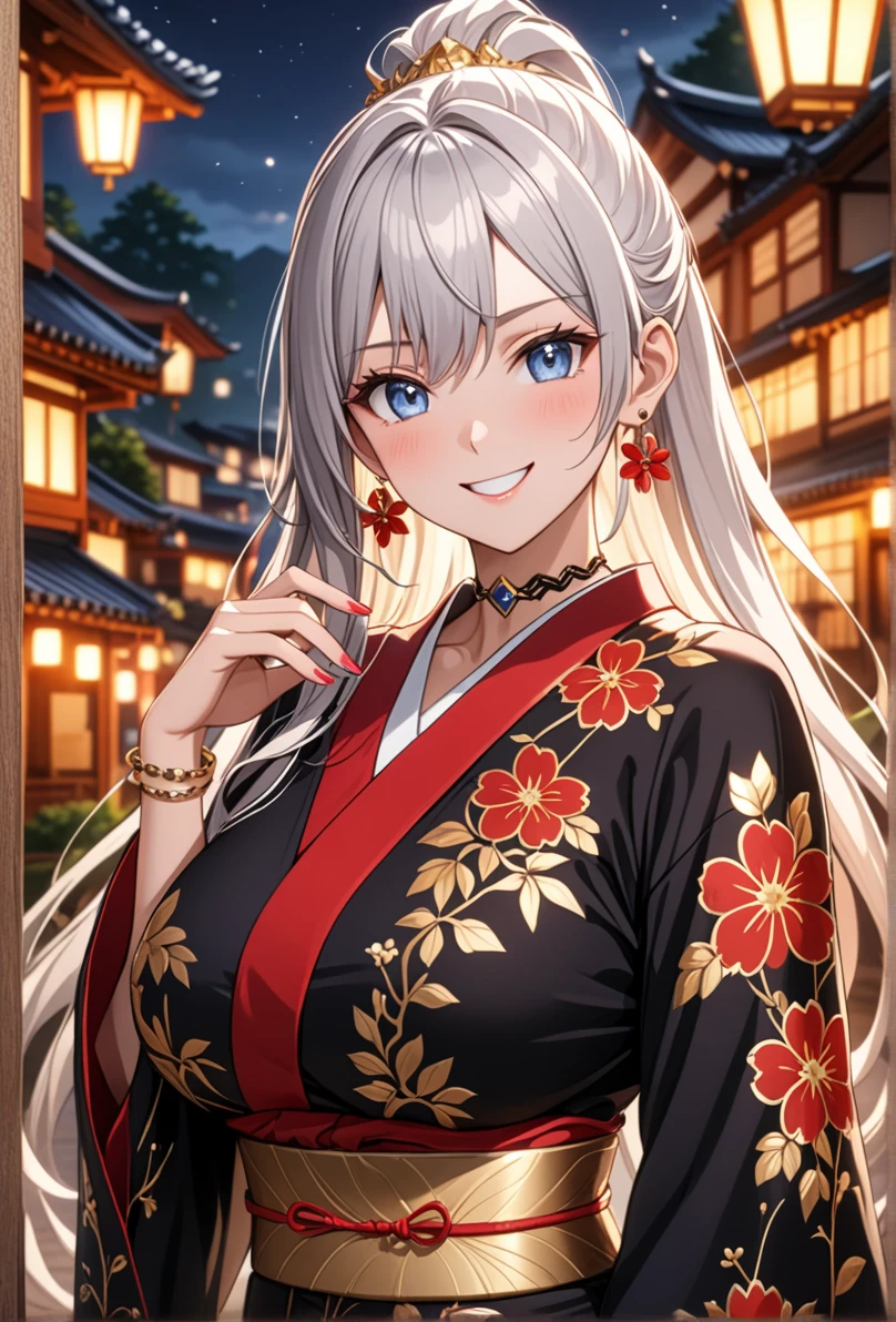 ((One personの女性)), Beautiful Face, (Laughing embarrassedly), ((smirk:1.2)), ((Wink:1.6)), (head tilt:1.3), upper teeth, looking at viewer, ((full-face brash:1.5)), ((Big Breasts:1.3)), night,Countryside landscape, Glossy Red Lips, (Shining Face), ((Black long sleeve kimono:1.8)), ((Anime style background)),masterpiece, Highest quality, so beautiful,up to date, Complex details, (Pink long nails), (nail art), (ring),(bracelet),(Floral choker), AI-generated, Complex,High resolution, Highest quality, super high quality,3D Images、3D Images,One person,Long white hair,High Ponytail, Anime woman posing for a photo, ((silver eyes:1.4)), ((Fine grain、blue eyes、Shining Eyes:1.3)), (Squint your eyes:1.1),a hyperRealistic , hyperRealistic , Realistic,Anime woman with long white hair, Smooth anime CG art, (A woman in a colorful kimono with gold embroidery),(Red floral pattern),Long flower hair ornament,Earrings,Mature Body,Abdominal muscles,Tight waist, ((Zoom in on face:1.8)), (front view:1.3),
