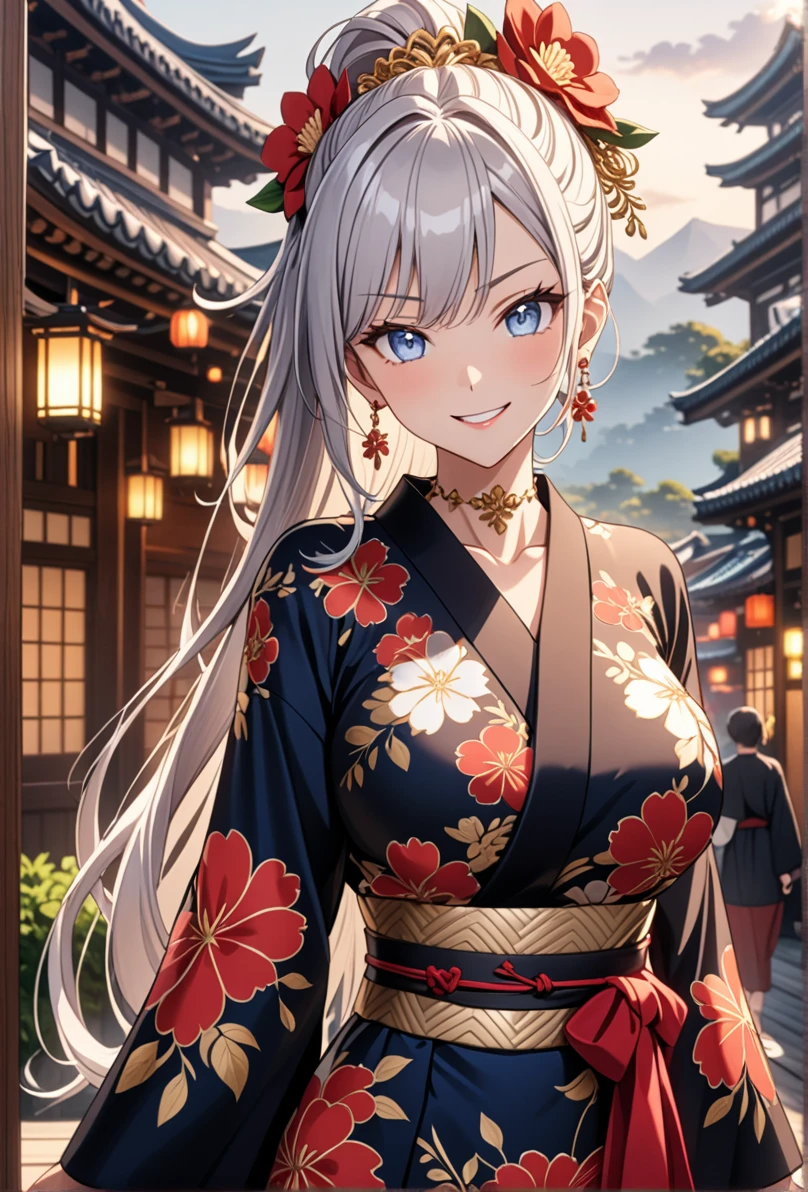 ((One personの女性)), Beautiful Face, (Laughing embarrassedly), ((smirk:1.2)), ((Wink:1.6)), (head tilt:1.3), upper teeth, looking at viewer, ((full-face brash:1.5)), ((Big Breasts:1.3)), night,Countryside landscape, Glossy Red Lips, (Shining Face), ((Black long sleeve kimono:1.8)), ((Anime style background)),masterpiece, Highest quality, so beautiful,up to date, Complex details, (Pink long nails), (nail art), (ring),(bracelet),(Floral choker), AI-generated, Complex,High resolution, Highest quality, super high quality,3D Images、3D Images,One person,Long white hair,High Ponytail, Anime woman posing for a photo, ((silver eyes:1.4)), ((Fine grain、blue eyes、Shining Eyes:1.3)), (Squint your eyes:1.1),a hyperRealistic , hyperRealistic , Realistic,Anime woman with long white hair, Smooth anime CG art, (A woman in a colorful kimono with gold embroidery),(Red floral pattern),Long flower hair ornament,Earrings,Mature Body,Abdominal muscles,Tight waist, ((Zoom in on face:1.8)), (front view:1.3),
