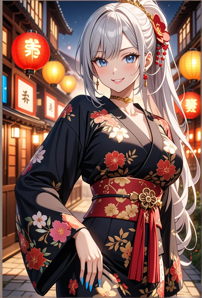 ((One personの女性)), Beautiful Face, (Laughing embarrassedly), ((smirk:1.2)), ((Wink:1.6)), (head tilt:1.3), upper teeth, looking at viewer, ((full-face brash:1.5)), ((Big Breasts:1.3)), night,Countryside landscape, Glossy Red Lips, (Shining Face), ((Black long sleeve kimono:1.8)), ((Anime style background)),masterpiece, Highest quality, so beautiful,up to date, Complex details, (Pink long nails), (nail art), (ring),(bracelet),(Floral choker), AI-generated, Complex,High resolution, Highest quality, super high quality,3D Images、3D Images,One person,Long white hair,High Ponytail, Anime woman posing for a photo, ((silver eyes:1.4)), ((Fine grain、blue eyes、Shining Eyes:1.3)), (Squint your eyes:1.1),a hyperRealistic , hyperRealistic , Realistic,Anime woman with long white hair, Smooth anime CG art, (A woman in a colorful kimono with gold embroidery),(Red floral pattern),Long flower hair ornament,Earrings,Mature Body,Abdominal muscles,Tight waist, ((Zoom in on face:1.8)), (front view:1.3),
